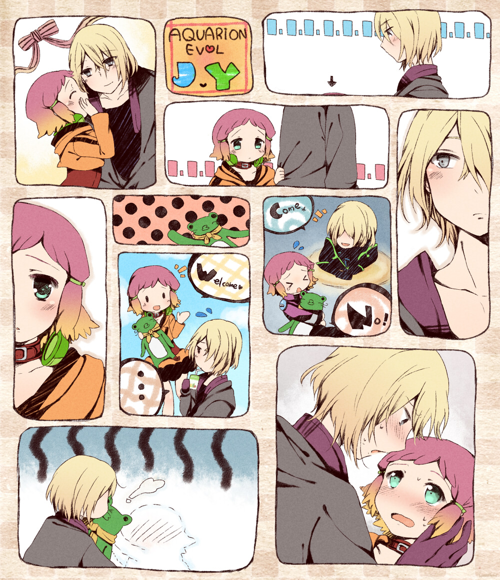 10s 1boy 1girl aquarion_(series) aquarion_evol blonde_hair blush coat couple doll dress english_text closed_eyes gloves gradient_hair green_eyes grey_eyes hair_ornament hetero hoshihuri jin_musou kiss monochrome multicolored_hair orange_hair purple_hair short_hair smile stuffed_animal stuffed_toy tama_(aquarion) tears yunoha_thrul