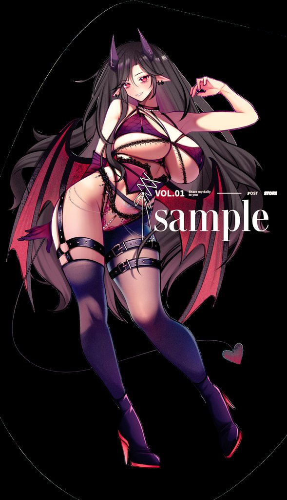 1girl aegyo_sal animal_ears black_background black_hair boots bra breasts character_request chinese_commentary commentary_request copyright_request corset demon_girl demon_tail demon_wings full_body gloves grin high_heel_boots high_heels huge_breasts jiang_ethan long_hair looking_at_viewer navel pearl_thong pointy_ears purple_boots purple_bra purple_corset purple_eyes purple_gloves purple_thighhighs red_eyes red_wings sample_watermark single_glove smile solo tail thigh_strap thighhighs underwear very_long_hair watermark wings