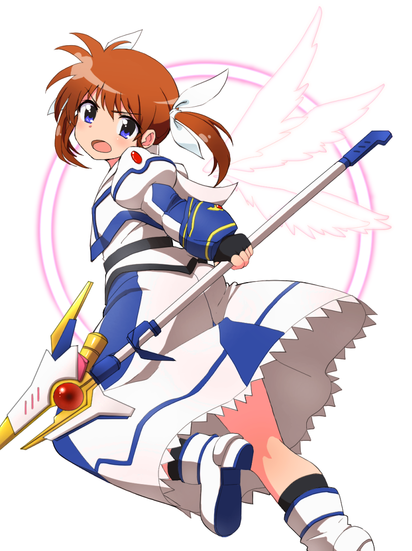 10s 1girl angry armor brown_hair female_focus fingerless_gloves from_behind from_below gloves hair_ribbon lyrical_nanoha magic_circle magical_girl mahou_shoujo_lyrical_nanoha mahou_shoujo_lyrical_nanoha_the_movie_1st marukakisuto open_mouth polearm purple_eyes raising_heart raising_heart_(cannon_mode) red_hair ribbon solo spear staff takamachi_nanoha takamachi_nanoha_(movie_1st_mode) twintails weapon white_background white_ribbon wings