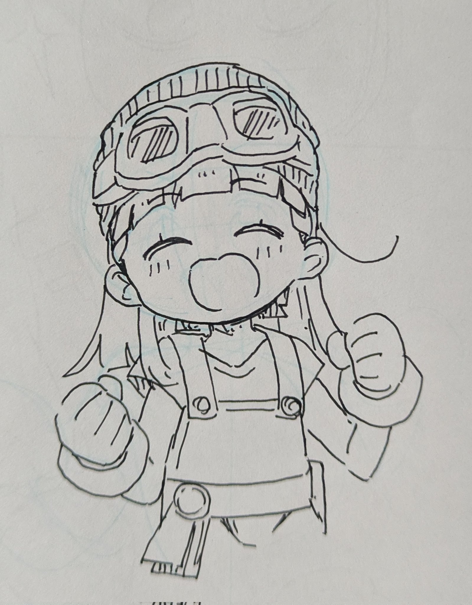 1girl :d ^_^ blunt_bangs blush braid clenched_hands closed_eyes commentary_request corrupted_twitter_file facing_viewer goggles goggles_on_head greyscale hatching_(texture) highres kachimachi_kosuzu linear_hatching lineart link!_like!_love_live! love_live! massigura monochrome open_mouth overalls pen_(medium) side_ahoge side_braids smile solo traditional_media virtual_youtuber