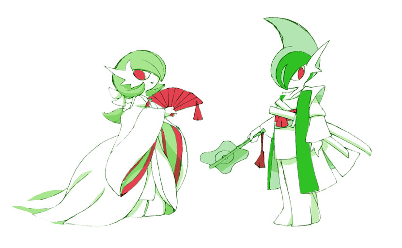 bob_cut from_side gallade gardevoir gen_3_pokemon gen_4_pokemon green_hair hal_(user_hgdu3254) hand_fan japanese_clothes kimono mega_gallade mega_gardevoir mega_pokemon nintendo pink_eyes pokemon pokemon_(creature) scabbard sheath simple_background sword weapon white_background wide_sleeves