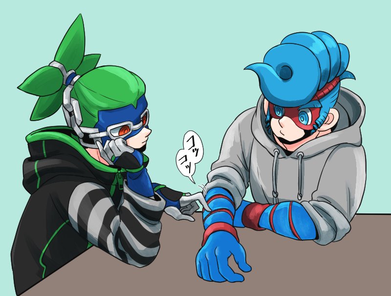 2018 2boys arms_(game) blue_background blue_eyes blue_hair chin_strap colk_(colk_com) domino_mask gloves green_hair hood hoodie mask multiple_boys ninjara_(arms) nintendo orange_eyes pompadour ponytail sitting spring_man_(arms) table