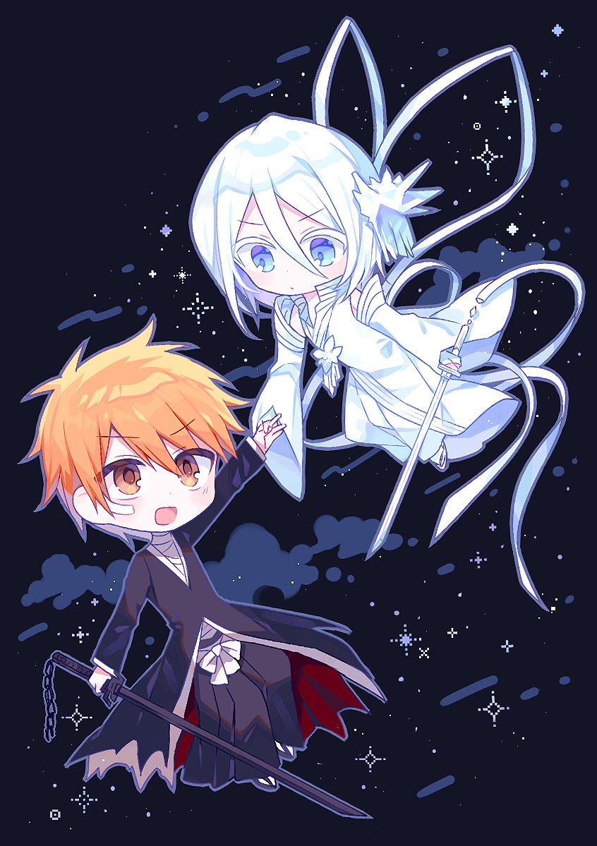 1boy 1girl :d bandaid bandaid_on_face bankai black_background black_hakama bleach bleach:_sennen_kessen-hen blush brown_eyes closed_mouth collared_dress colored_eyelashes couple detached_sleeves double-parted_bangs dress frown full_body g_ieep hair_between_eyes hair_ornament hakama hakka_no_togame_(bankai) hetero holding holding_hands holding_sword holding_weapon ice japanese_clothes kanzashi katana kuchiki_rukia kurosaki_ichigo long_ribbon long_sleeves looking_at_another official_alternate_costume open_mouth orange_hair ribbon shihakusho short_hair simple_background sleeveless sleeveless_dress smile sparkle spiked_hair straight_hair sword tensa_zangetsu_(bankai) upturned_eyes v-shaped_eyebrows weapon white_dress white_hair white_ribbon wide_sleeves