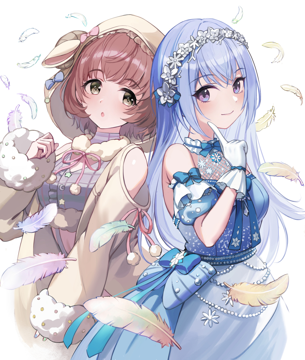 2girls arm_garter bare_shoulders blue_bow blue_bowtie blue_dress blue_hair blue_ribbon blue_shirt blush bow bowtie breasts brown_hair closed_mouth clothing_cutout commentary cropped_shirt dress dress_bow falling_feathers feathers flower_hairband fur-trimmed_hoodie fur-trimmed_shirt fur_trim gloves hair_between_eyes hand_up highres hood hood_up hoodie idolmaster idolmaster_shiny_colors idolmaster_shiny_colors_song_for_prism ikuta_haruki index_finger_raised long_hair long_sleeves looking_at_another looking_at_viewer medium_breasts midriff multiple_girls neck_ribbon open_clothes open_hoodie open_mouth pink_ribbon plaid_clothes plaid_shirt pom_pom_(clothes) purple_eyes ribbon shirt short_hair shoulder_cutout simple_background sleeveless sleeveless_dress smile suzuki_hana tuna_picture white_background white_gloves yellow_eyes yellow_hoodie