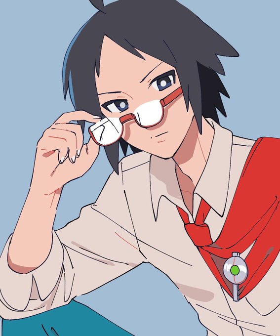 1boy adjusting_eyewear ahoge black_hair blue_background blue_eyes cheren_(pokemon) collarbone collared_shirt glasses looking_at_viewer male_focus nashubi_(to_infinity_wow) necktie nintendo pokemon pokemon_bw2 red-framed_eyewear shirt solo v-shaped_eyebrows white_shirt