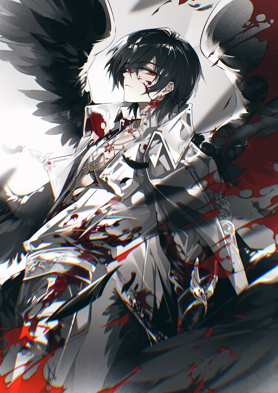 1boy abs alternate_color ayn_alwyn black_gloves black_hair black_wings blood blood_on_clothes blood_on_face blood_splatter bloody_wings cape chinese_commentary closed_mouth collared_cape collared_shirt cowboy_shot earrings expressionless falling_feathers feathered_wings feathers from_side gem gloves hair_between_eyes highres jewelry limited_palette long_sleeves looking_at_viewer lovebrush_chronicles male_focus multiple_wings necklace open_clothes open_shirt pants pearl_necklace pol red_eyes red_gemstone shirt short_hair sideways_glance single_earring solo standing torn_clothes white_background white_cape white_feathers white_pants white_shirt wings