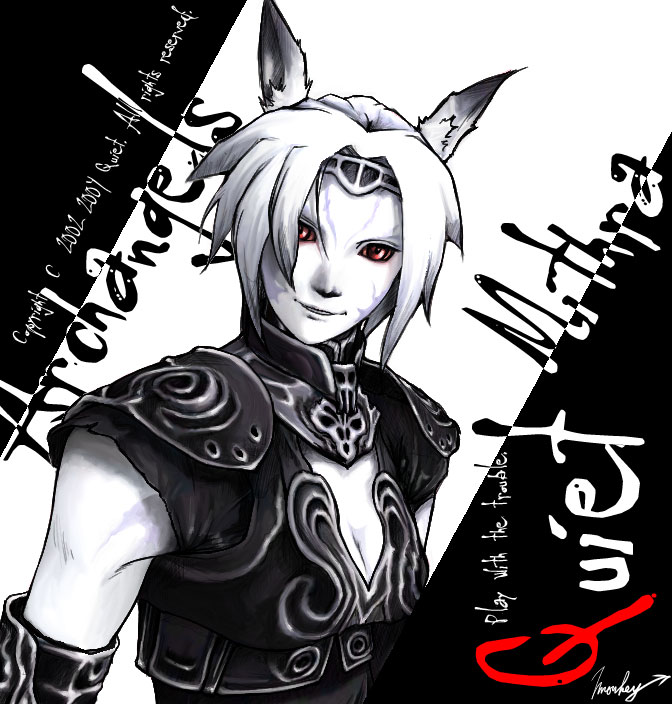 00s 1girl ark_angel ark_angel_mr armor breasts cleavage cleavage_cutout clothing_cutout evil_smile facepaint facial_mark female_focus final_fantasy final_fantasy_xi headband mithra_(ff11) monochrome parted_lips red_eyes short_hair shoulder_pads small_breasts smile solo spot_color upper_body