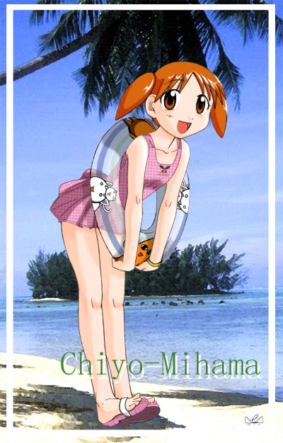 1girl :d artist_name azumanga_daiou bad_id beach bent_over blue_sky blush border brown_eyes character_name character_print cherry_print collarbone commentary dated_commentary flat_chest flip-flops foliage food_print from_side fruit_print full_body holding holding_swim_ring innertube island leaning_forward logo looking_at_viewer looking_to_the_side mihama_chiyo mihama_chiyo&#039;s_father miyanose_you nekokoneko no_socks ocean one-piece_swimsuit open_mouth orange_hair outside_border palm_tree parted_bangs photo_background pink_one-piece_swimsuit pink_sandals plaid_one-piece_swimsuit rock romaji_text sand sandals shadow short_hair short_twintails single_bare_shoulder sky smile solo standing swim_ring swimsuit swimsuit_skirt toes toes_up transparent_innertube tree twintails water white_border