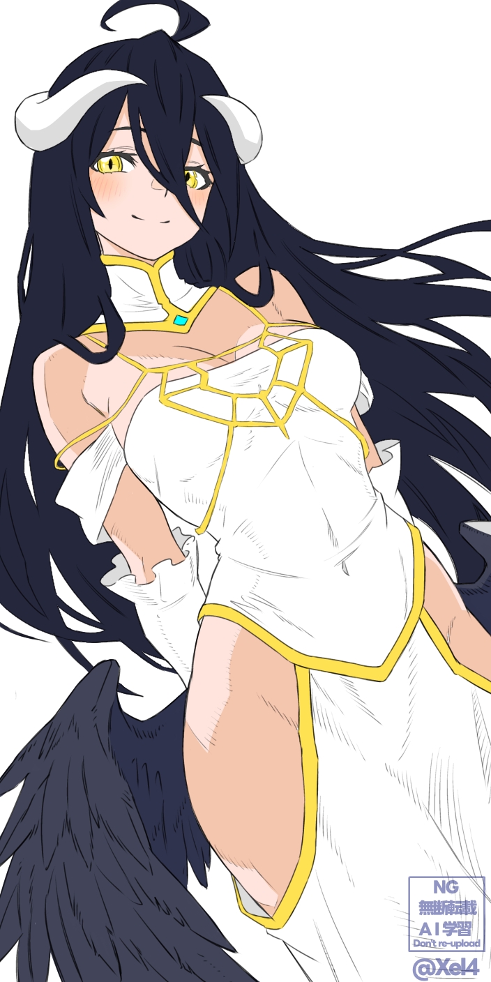 1girl ahoge albedo_(overlord) bare_shoulders black_hair breasts cleavage covered_navel detached_collar dress highres hip_vent horns long_hair looking_at_viewer low_wings medium_breasts overlord_(maruyama) smile solo standing very_long_hair white_background white_dress wings xel4 yellow_eyes