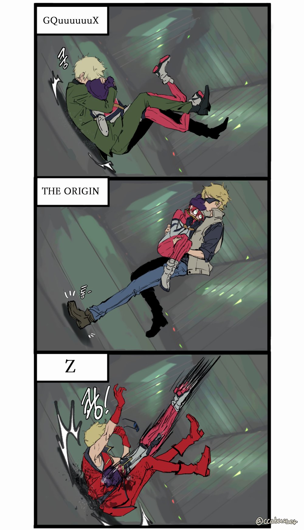 1boy 1girl amate_yuzuriha beanie blonde_hair blue_eyes carrying ccabuster char_aznable denim formal_clothes gloves gundam gundam_gquuuuuux hat highres hug jacket jeans mecha_pilot_suit mobile_suit_gundam_the_origin pants princess_carry quattro_bajeena red_hair sleeveless suit sunglasses zeta_gundam