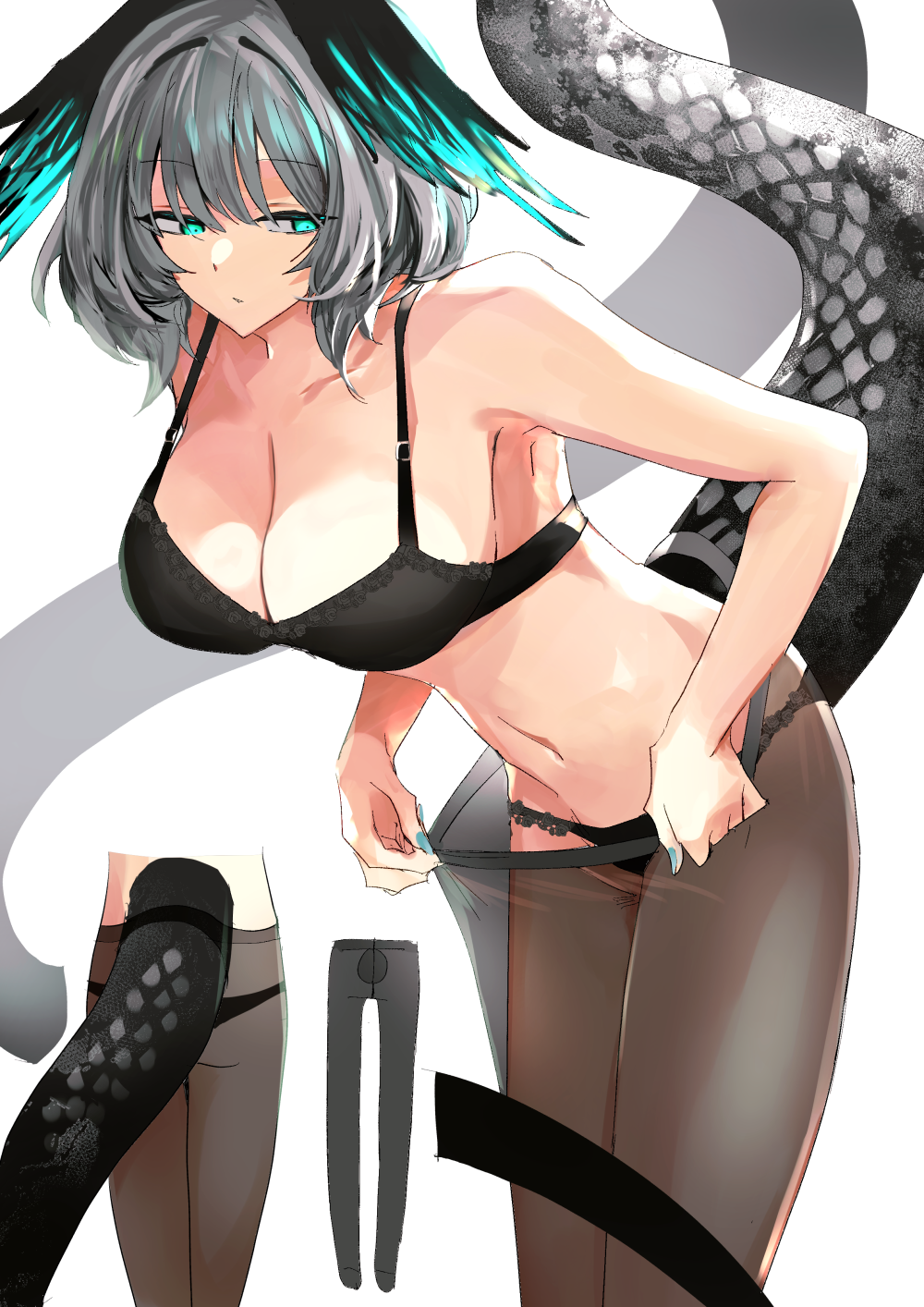 1girl aqua_eyes aqua_nails arknights back bikini black_bikini black_panties breasts cleavage grey_hair head_wings highres ho&#039;olheyak_(arknights) iwashi_80 midriff multiple_views navel panties pantyhose scales simple_background swimsuit tail underwear white_background wings