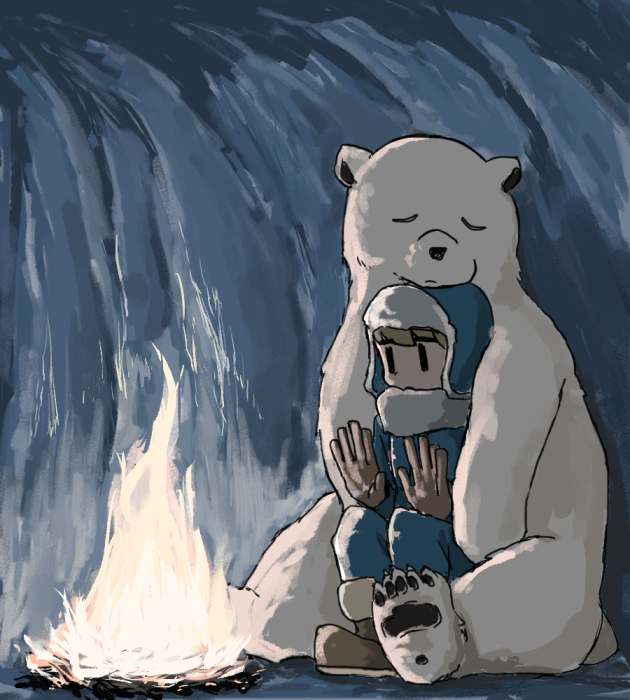 1boy animal bear blue_hat blue_jacket blue_pants boots brown_boots brown_gloves campfire cave_interior fire fur-trimmed_headwear fur_trim gloves hat jacket no_mouth on_lap original pants polar_bear scarf sitting solid_oval_eyes umi_ha_kirai warming_hands