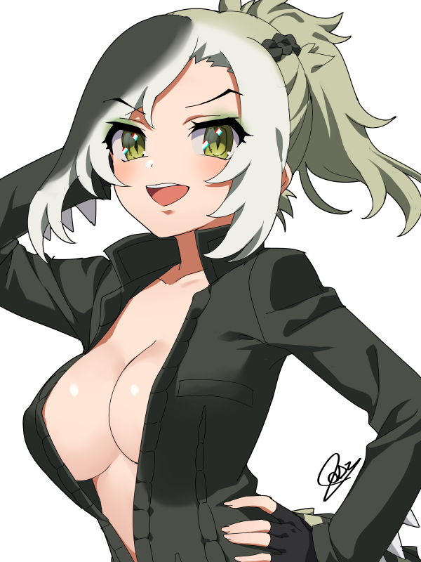 1girl arm_up asymmetrical_hair black_gloves braid breasts collarbone collared_jacket crocodilian_tail eyelashes fingerless_gloves fingernails french_braid gloves green_eyes green_hair green_jacket grey_background hand_on_own_hip hatagaya high_collar high_ponytail jacket kemono_friends long_hair long_sleeves looking_at_viewer medium_breasts multicolored_hair no_bra open_mouth partially_unzipped ponytail saltwater_crocodile_(kemono_friends) signature simple_background slit_pupils smile solo spiked_sleeves spikes stomach tail upper_body zipper