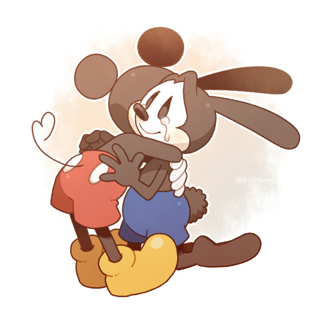 2boys animal_ears disney epic_mickey gloves hug kiri_futoshi male_focus mickey_mouse mickey_mouse_&amp;_friends mouse_boy mouse_ears mouse_tail multiple_boys oswald_the_lucky_rabbit rabbit rabbit_boy rabbit_ears smile tail tears