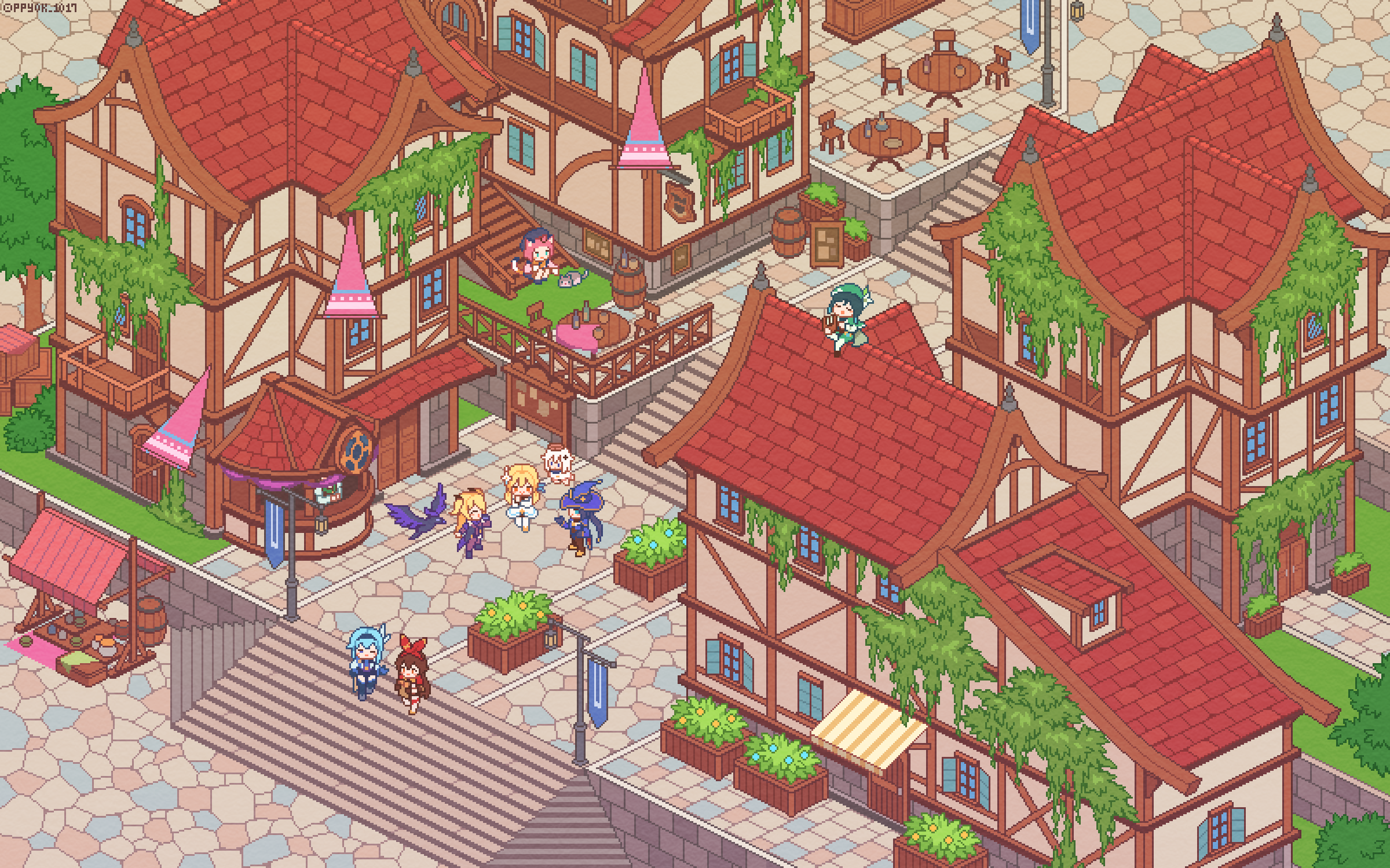 1boy 6+girls amber_(genshin_impact) animal_ears asymmetrical_hair awning balcony bangs_pinned_back banner barrel beret bird black_footwear black_hair black_hairband blonde_hair blue_eyes blue_hair boots bottle box brown_eyes brown_hair building bulletin_board bush capelet cat cat_ears cat_girl cat_tail chair chalkboard_sign chibi closed_eyes commentary cup diona_(genshin_impact) door dress english_commentary eula_(genshin_impact) fischl_(genshin_impact) flower flower_box flying genshin_impact grass green_capelet green_shorts hair_flower hair_intakes hair_ornament hair_ribbon hairband half-timbered halo hand_up hat highres holding holding_instrument house in-universe_location instrument isometric katheryne_(genshin_impact) lamppost long_hair looking_at_another lumine_(genshin_impact) lyre market_stall mona_(genshin_impact) mondstadt_city multiple_girls music on_roof one_eye_closed open_mouth open_window_shutter oz_(genshin_impact) paimon_(genshin_impact) pink_hair pixel_art plant playing_instrument ppyok_1017 railing red_hairband red_ribbon ribbon romper round_table scenery short_hair short_hair_with_long_locks shorts sidelocks sign singing sitting sitting_on_roof smile standing stone_floor table tail thigh_boots town tree twintails two_side_up u_u venti_(genshin_impact) walking white_dress white_flower white_footwear white_hair white_romper window window_shutter witch_hat wooden_box wooden_chair wooden_railing wooden_table yellow_eyes