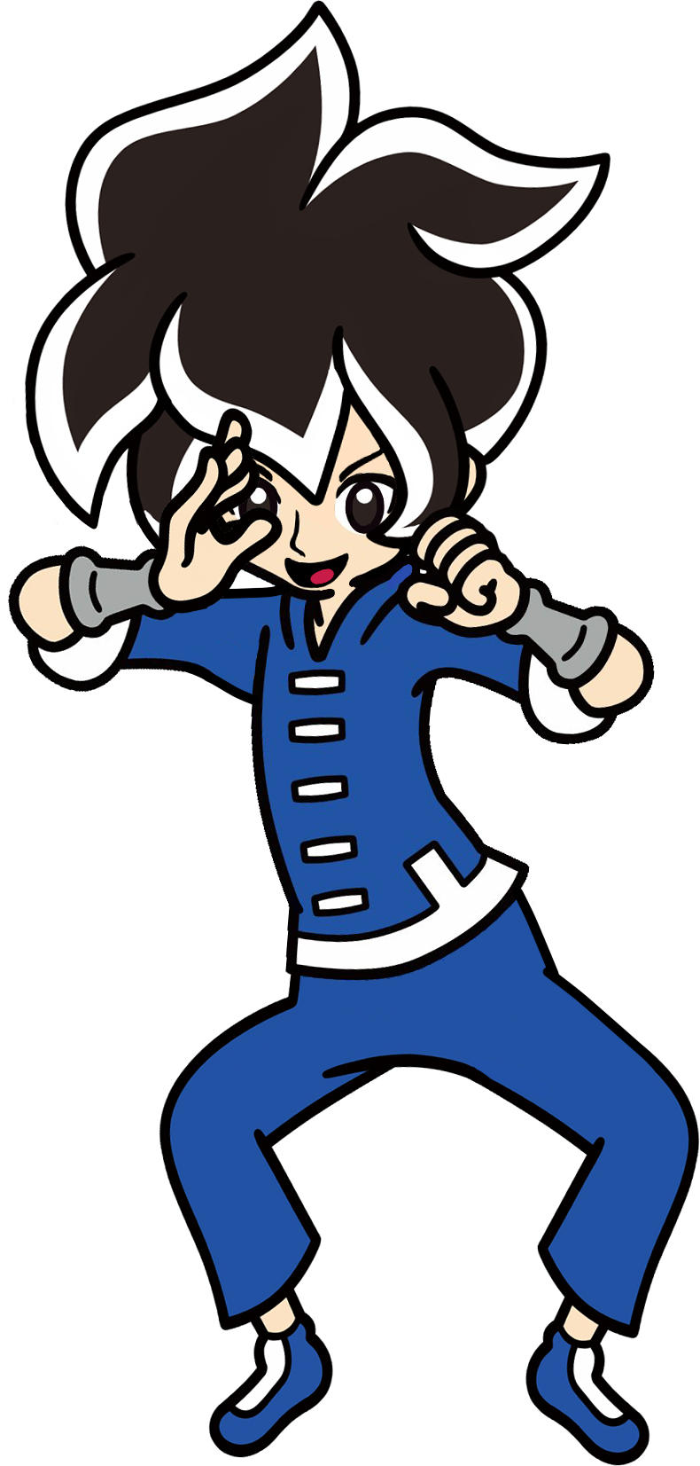 1boy black_hair closed_mouth highres loose_pants martial_arts_jacket metal_wrist_cuffs nintendo shoes short_sleeves warioware white_hair_tips young_cricket_(warioware)