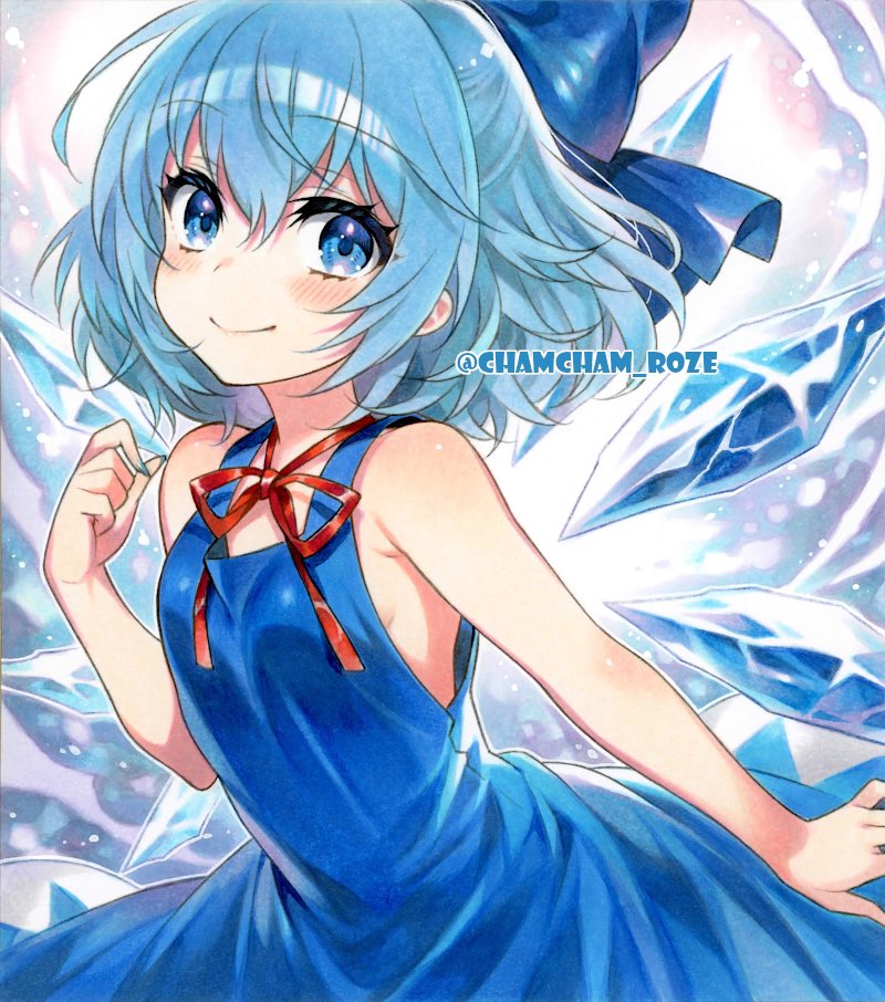 1girl blue_bow blue_dress blue_eyes blue_hair blush bow chacham cirno cirno_day closed_mouth detached_wings dress grey_background hair_bow hashtag-only_commentary ice ice_wings looking_at_viewer short_hair sleeveless sleeveless_dress smile solo touhou twitter_username upper_body wings