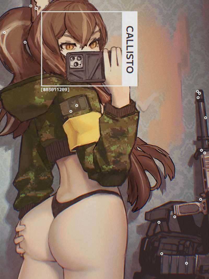 animal_ears armband ass brown_hair bulletproof_vest cadpat callisto_(greyeth) canadian_flag character_name colt_canada_c7 commission crop_top fox_ears fox_girl grabbing_own_ass holding holding_phone hood hood_down long_hair notfuji original phone selfie wallpaper_(object) yellow_armband