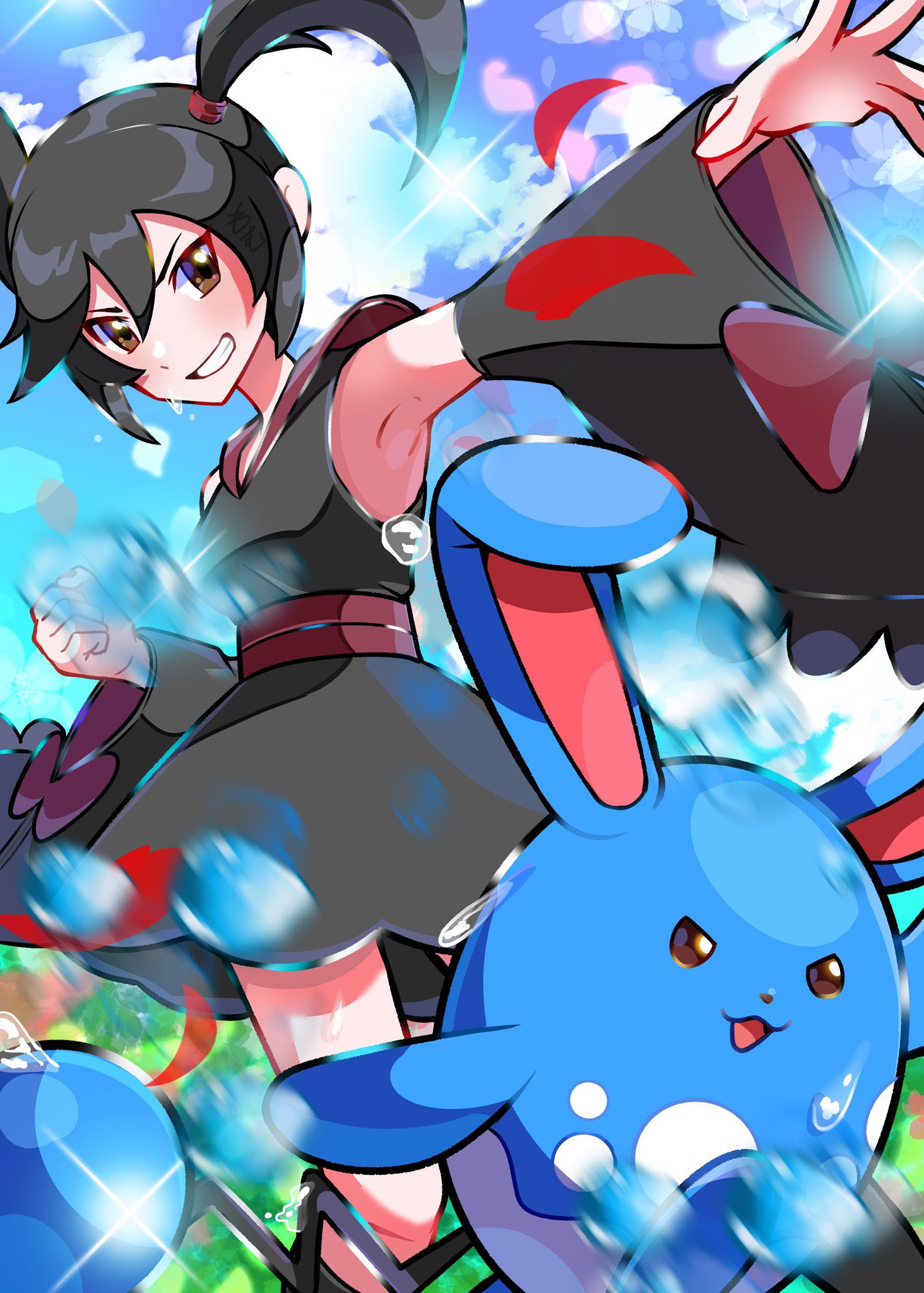 armpits azumarill black_hair black_kimono brown_eyes clenched_hand cloud detached_sleeves furisode_girl_(pokemon) furisode_girl_kali gen_2_pokemon highres japanese_clothes kimono looking_at_viewer monaka_mom nintendo pokemon pokemon_masters_ex red_sash sash smile sweat teeth twintails wide_sleeves