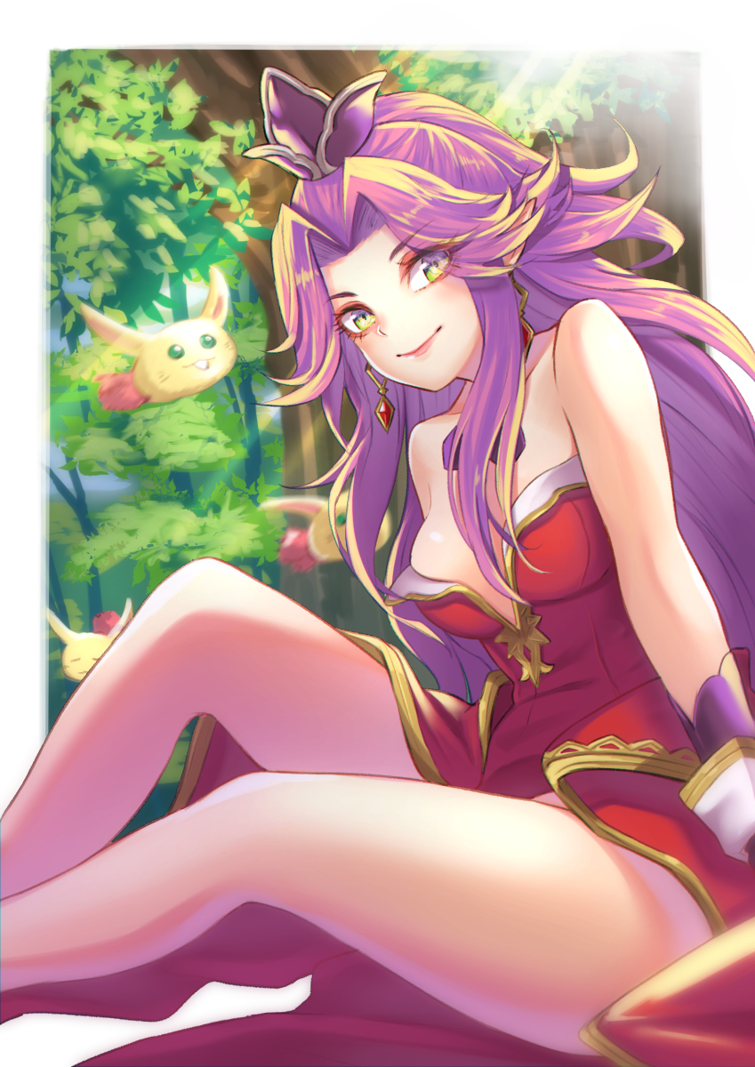 1girl angela_(seiken_densetsu_3) armor bare_legs breasts closed_mouth earrings faulds green_eyes hair_intakes highres jewelry leotard long_hair looking_at_viewer medium_breasts purple_hair rabite_(seiken_densetsu) re_(re_09) red_leotard seiken_densetsu seiken_densetsu_3 sitting smile solo strapless strapless_leotard very_long_hair