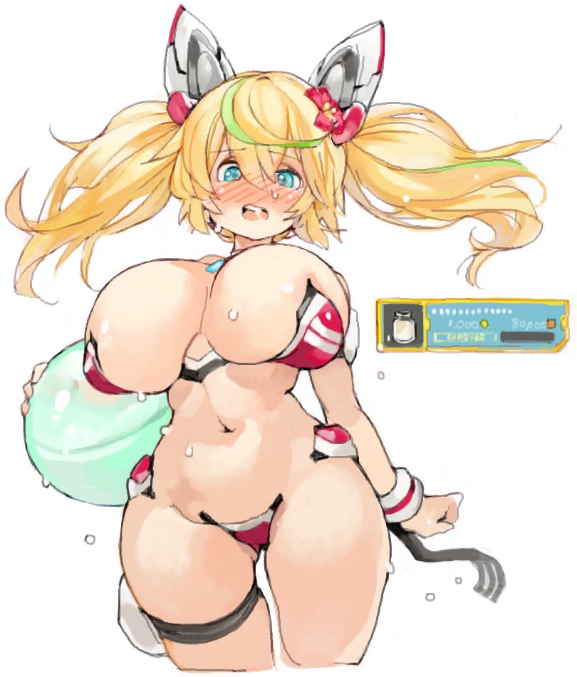 1girl aqua_eyes areola_slip ball beachball blonde_hair blush breasts bursting_breasts cowboy_shot curvy female_focus gene_(pso2) green_hair huge_breasts midriff multicolored_hair navel phantasy_star phantasy_star_online_2 sachito simple_background solo stomach sweat twintails two-tone_hair white_background wide_hips