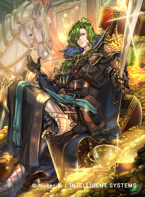 1boy armor armored_boots belt boots cape coin crossed_legs fire_emblem fire_emblem_cipher gem gloves green_eyes green_hair horse kuroba.k lando_(fire_emblem) long_hair low_ponytail male_focus nintendo official_art ponytail randal_(fire_emblem) sitting solo sparkle sword treasure_chest weapon