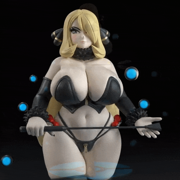 1girl 3d animated animated_gif ass bikini black_background blonde_hair breasts cynthia_(pokemon) generalbuta huge_breasts long_hair nintendo panties pasties pokemon pokemon_dppt smile swimsuit tape tape_on_nipples thighhighs underwear unworn_bikini whip zipper_bikini