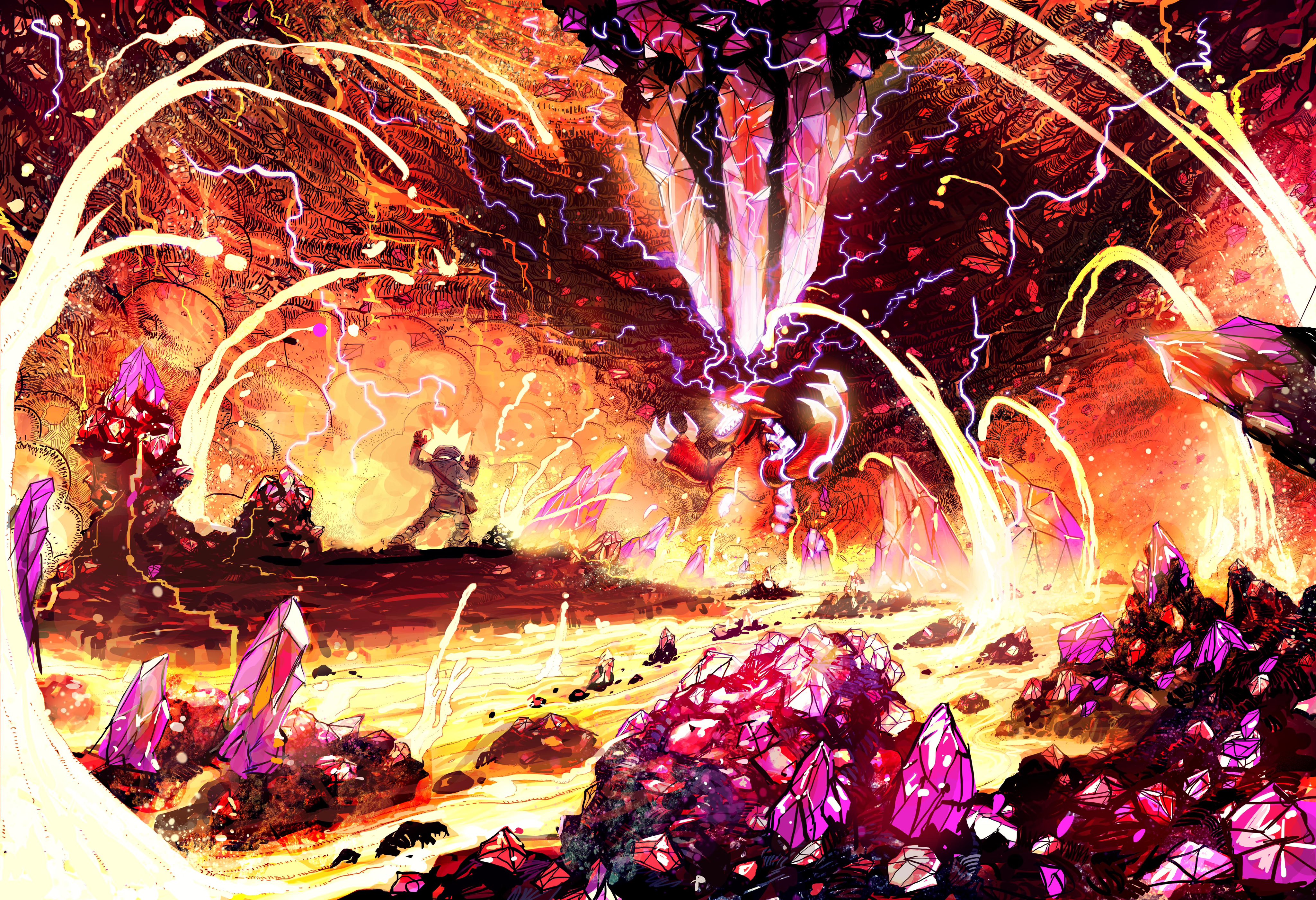 2024_pokemon_teraleak absurdres black_sclera claws colored_sclera concept_art embers epic fire gen_3_pokemon glowing glowing_eyes groudon highres lava legendary_pokemon looking_at_another nintendo no_humans official_art open_mouth outdoors pokemon pokemon_(creature) pokemon_oras pokemon_oras_(prototype) production_art sharp_teeth spiked_tail spikes standing tail teeth yellow_eyes