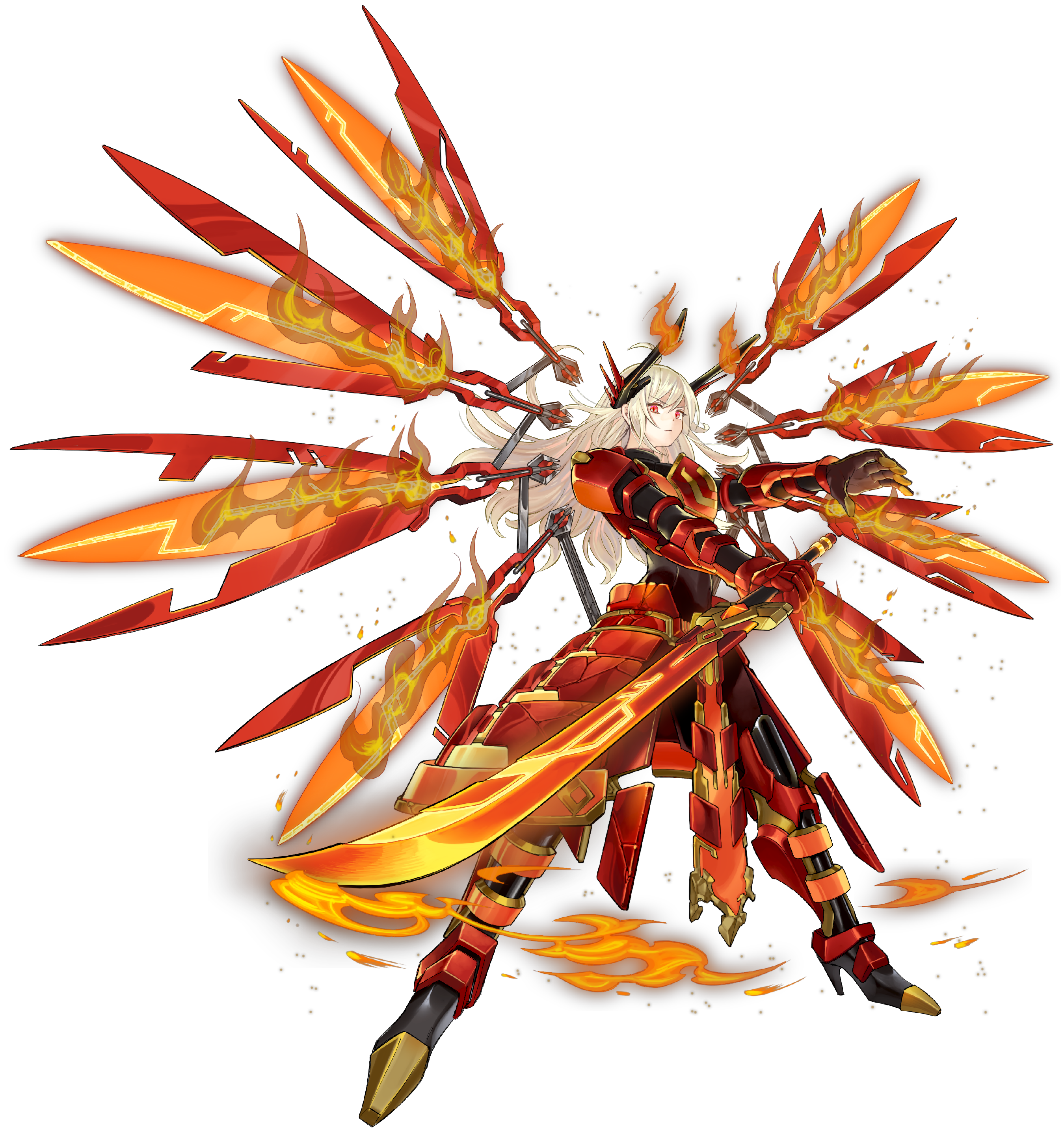 1girl absurdres ahoge anonymous_(yu-gi-oh!) armor blonde_hair duel_monster fire game_cg highres holding holding_sword holding_weapon horns japanese_armor long_hair looking_at_viewer mechanical_horns official_art pelvic_curtain red_eyes sidelocks sky_striker_ace_-_kagari sky_striker_ace_-_raye standing sword third-party_edit weapon yu-gi-oh! yu-gi-oh!_master_duel