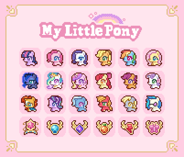 animal animal_focus apple_bloom applejack big_macintosh blue_eyes blue_hair chansui_(ginping0602) copyright_name derpy_hooves elements_of_harmony everyone fluttershy green_eyes horse multicolored_hair my_little_pony my_little_pony:_friendship_is_magic no_humans pink_background pink_eyes pink_hair pinkie_pie pixel_art princess_cadance princess_celestia princess_luna purple_eyes purple_hair rainbow_dash rainbow_hair rarity_(my_little_pony) red_hair scootaloo starlight_glimmer sunburst_(my_little_pony) sweetie_belle trixie_lulamoon twilight_sparkle unicorn vinyl_scratch yellow_eyes