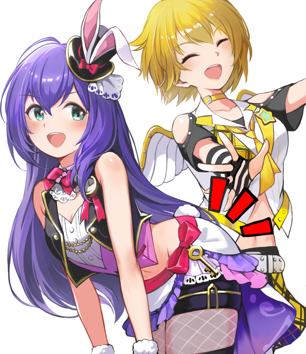 2girls ahoge angel_wings bare_shoulders blonde_hair blush breasts closed_eyes clothing_cutout collarbone commentary_request fake_wings fingerless_gloves fishnet_pantyhose fishnets gloves green_eyes hat hat_with_ears ibuki_tsubasa idolmaster idolmaster_million_live! idolmaster_million_live!_theater_days key leaning_forward long_hair looking_to_the_side midriff mini_hat mochizuki_anna multiple_girls navel open_mouth overskirt pantyhose purple_hair shirt short_hair short_sleeves shoulder_cutout sideways_glance simple_background sleeveless sleeveless_shirt smile standing striped_clothes striped_gloves teeth top_hat tuna_picture upper_teeth_only white_background wings yellow_collar