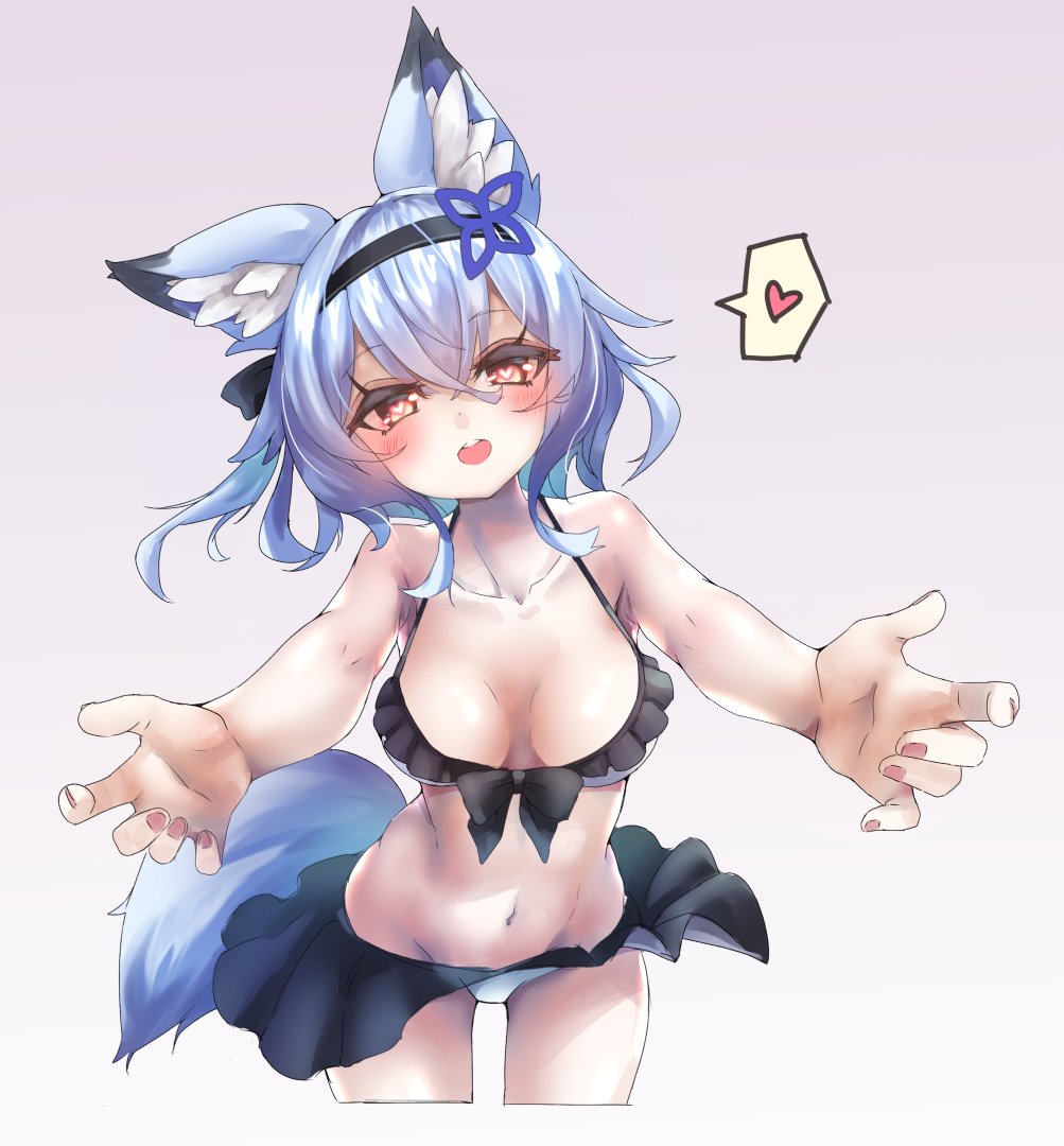 1girl animal_ear_fluff animal_ears bare_shoulders bikini bikini_skirt black_bikini black_hairband blue_hair blush breasts cleavage collarbone foreshortening fox_ears fox_girl fox_tail frilled_bikini frills gradient_background groin hair_between_eyes hair_ornament hairband head_tilt heart heart-shaped_pupils incoming_hug looking_at_viewer medium_breasts medium_hair navel open_mouth outstretched_arms reaching reaching_towards_viewer red_eyes short_hair simple_background six_box skirt smile solo spoken_heart swimsuit symbol-shaped_pupils tail teeth upper_teeth_only vrchat white_bikini yuuko-zoku_no_onee-chan