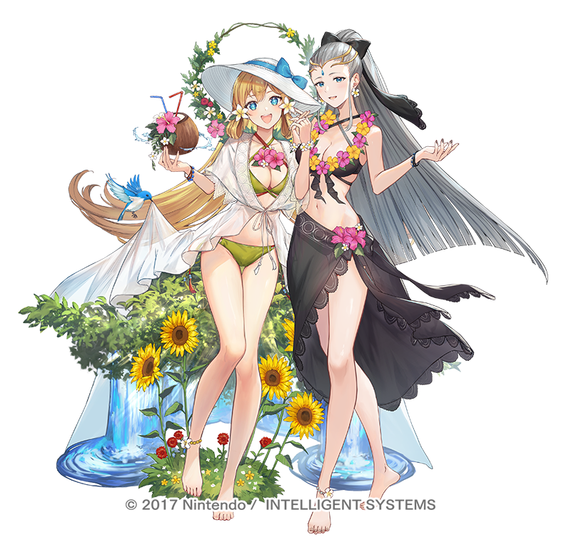 2girls :d aqua_eyes bare_legs barefoot bikini bird blonde_hair bow breasts circlet cleavage coconut_cup copyright_name criss-cross_halter cup eir_(fire_emblem) eir_(summer)_(fire_emblem) fire_emblem fire_emblem_heroes flower flower_wreath full_body grey_hair hair_bow halterneck hands_up hat holding holding_cup holding_hands ichikawa_haru long_hair multiple_girls nintendo official_art open_mouth plant ponytail sarong see-through_clothes see-through_shirt shirt simple_background smile standing sunflower swimsuit tachi-e water white_background ymir_(fire_emblem_heroes) ymir_(summer)_(fire_emblem_heroes)