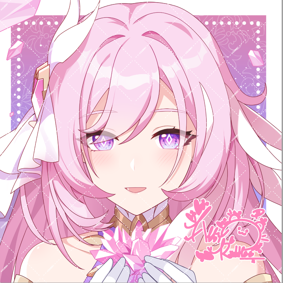 1girl abby_riddle artist_logo border chinese_commentary commentary_request crystal_flower diamond-shaped_pupils diamond_(shape) elysia_(herrscher_of_human:_ego)_(honkai_impact) elysia_(honkai_impact) gloves gradient_background hair_ornament honkai_(series) honkai_impact_3rd light_blush logo long_hair looking_at_viewer open_mouth pink_background pink_hair portrait purple_eyes smile solo straight-on symbol-shaped_pupils white_border white_gloves
