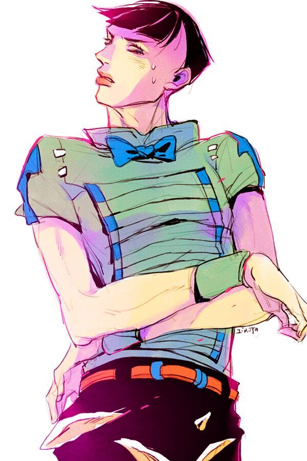 1boy balding black_hair blunt_bangs bow bowtie crossed_arms hatoyama_itsuru higashikata_joshu high_collar jojo_no_kimyou_na_bouken jojolion male_focus shirt solo sweat t-shirt wristband