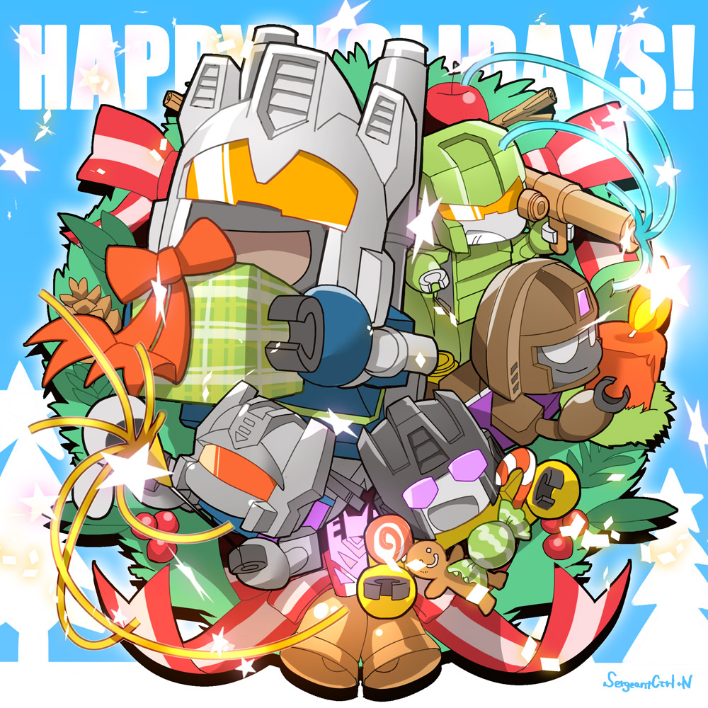 1980s_(style) 5boys bad_id bad_pixiv_id bell blast_off_(transformers) blue_background box brawl_(transformers) candle candy candy_cane cannon christmas christmas_ornaments christmas_tree combaticon decepticon english_text fire food fur_trim gift gift_box glowing grin gun insignia looking_at_viewer merry_christmas multiple_boys no_humans oldschool onslaught_(transformers) open_mouth orange_eyes personification purple_eyes red_eyes retro_artstyle ribbon sergeantctrln smile star_(symbol) swindle_(transformers) transformers vortex_(transformers) weapon white_eyes