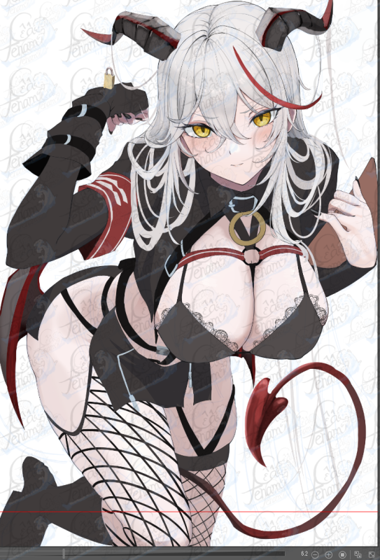 aegir_(azur_lane) alternate_costume azur_lane bikini black_horns black_nails breasts cafenami cleavage demon_horns fishnets hair_on_horn horns lace lace-trimmed_bikini lace_trim large_breasts multicolored_hair nail_polish streaked_hair swimsuit yellow_eyes