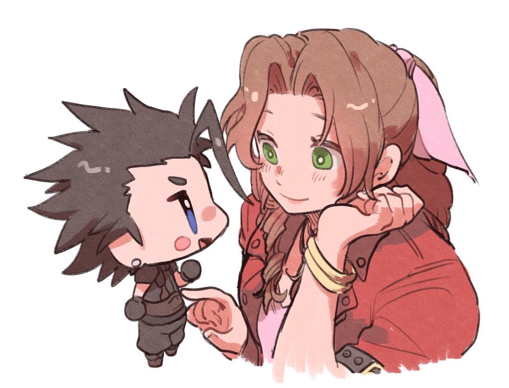 1boy 1girl aerith_gainsborough armor belt black_gloves black_hair black_pants blue_eyes bracelet brown_footwear brown_hair buckle buttons chibi curly_hair earrings final_fantasy final_fantasy_vii gloves gold_bracelet green_eyes hair_ribbon hand_on_own_face jacket jewelry long_hair medium_hair messy_hair open_clothes open_jacket pants pauldrons pink_ribbon red_jacket ribbon shoulder_armor sleeveless sleeveless_turtleneck smile spiked_hair stud_earrings tasituma2 turtleneck wavy_hair world_of_final_fantasy zack_fair