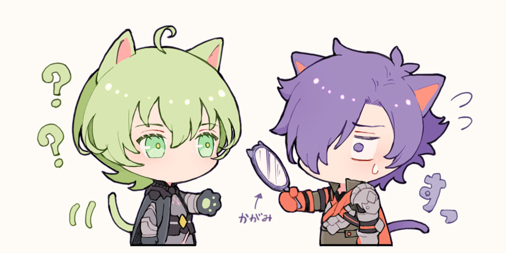 2boys ? ahoge animal_ears animal_hands armor black_gloves black_shirt cat_boy cat_ears cat_tail chest_belt colored_eyelashes cropped_torso fire_emblem fire_emblem:_three_houses fire_emblem_warriors:_three_hopes flying_sweatdrops gloves green_eyes holding holding_mirror jitome kemonomimi_mode kuhaha male_byleth_(enlightened)_(fire_emblem) male_byleth_(fire_emblem) male_focus male_shez_(fire_emblem) mirror multiple_boys nervous_sweating nintendo no_mouth outstretched_arm parted_bangs parted_hair pauldrons popped_collar red_gloves shirt shoulder_armor simple_background sweat tail translation_request white_background wide-eyed