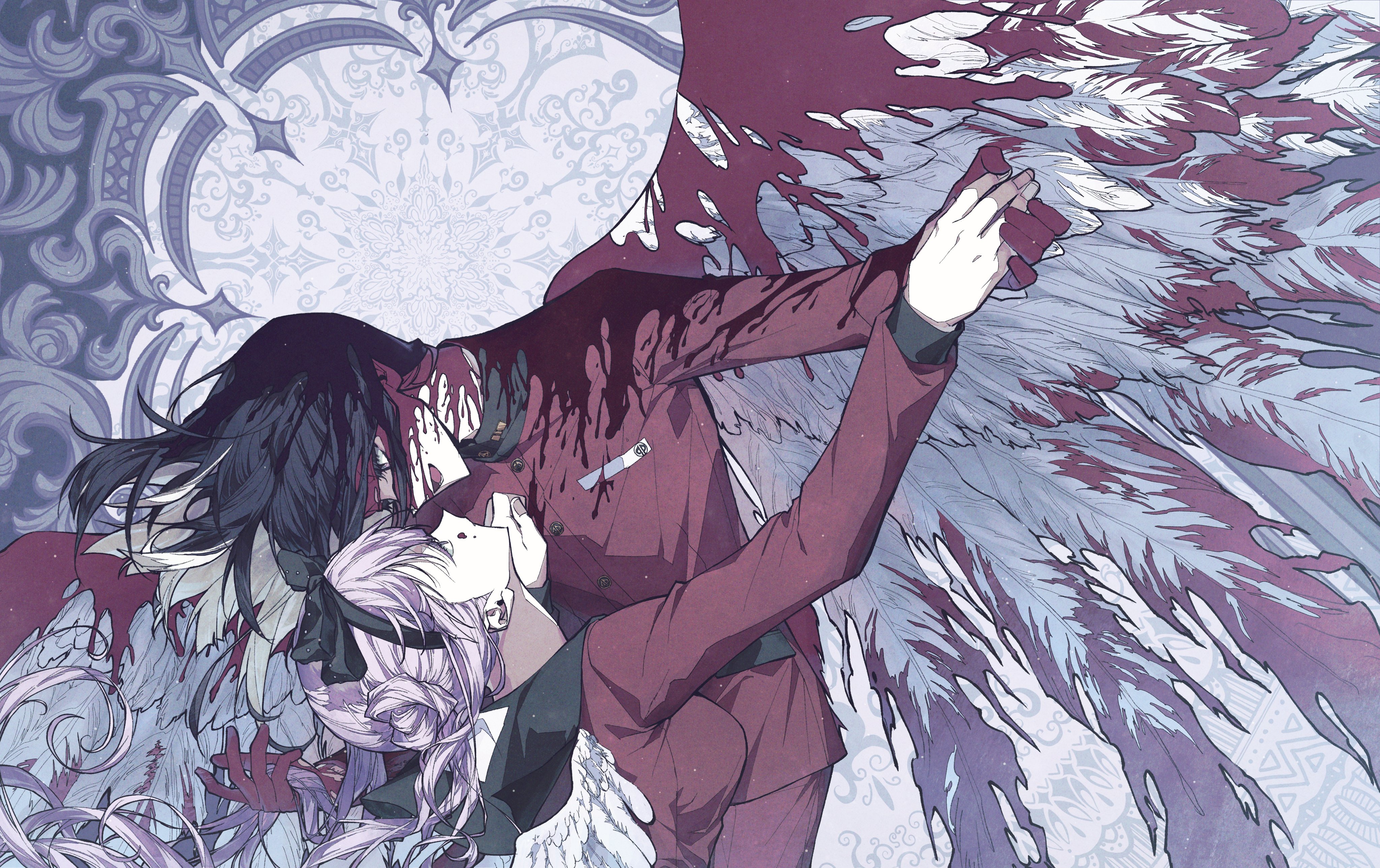 1boy 1girl absurdres black_bow black_hair black_hairband black_sailor_collar blonde_hair blood blood_in_hair blood_on_clothes blood_on_face bloody_wings bow brother_and_sister closed_mouth collared_shirt colored_inner_hair double_bun expressionless eyeegg_hl feathered_wings hair_bun hairband hand_on_another's_chest highres holding_another's_hair holding_hands jacket long_hair long_sleeves looking_at_another making-of_available medium_hair multicolored_hair open_mouth pink_hair purple_eyes red_jacket ringed_eyes sailor_collar school_uniform shirt siblings smile the_hundred_line_-last_defense_academy- tsukumo_ima tsukumo_kako twins twintails two-tone_hair white_wings wings