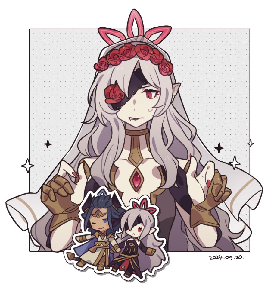 1girl animal_ears askr_(fire_emblem) bat_ears bat_girl black_dress bouquet bride cow_ears cow_horns dress embla_(closed-off_bride)_(fire_emblem) embla_(fire_emblem) fire_emblem fire_emblem_heroes flower flower_eyepatch gem gold_trim haconeri holding holding_bouquet horns nail_polish nintendo official_alternate_costume pale_skin pointy_ears red_brooch red_flower red_gemstone red_nails red_rose rose solo wedding_dress