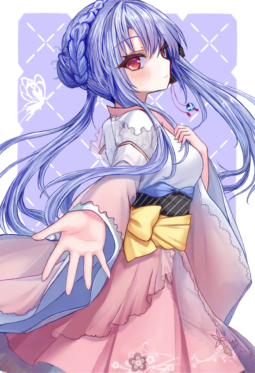 1girl animal_print blue_hair blush border bow braid butterfly_print closed_mouth commentary_request crown_braid eyelashes feet_out_of_frame floating_hair floral_print floral_print_skirt from_side gensou_roukaku hair_between_eyes hair_bun highres japanese_clothes kimono long_hair long_sleeves looking_at_viewer nontraditional_miko outside_border outstretched_arm outstretched_hand pink_skirt print_skirt purple_background reaching reaching_towards_viewer red_eyes sidelocks simple_background single_hair_bun skirt smile solo sorakado_ao standing summer_pockets very_long_hair white_border white_kimono wide_sleeves yellow_bow