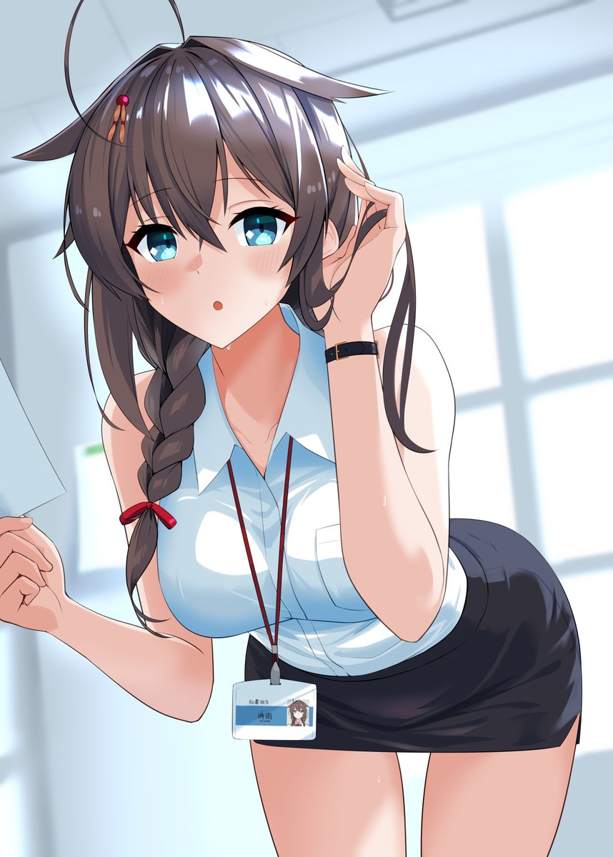 1girl ahoge alternate_costume black_hair black_skirt blue_eyes braid breasts collared_shirt commentary_request cowboy_shot dress_shirt hair_flaps hair_over_shoulder highres id_card kantai_collection lanyard leaning_forward long_hair looking_at_viewer medium_breasts office_lady pencil_skirt shiba_(zudha) shigure_(kancolle) shigure_kai_san_(kancolle) shirt single_braid skirt sleeveless sleeveless_shirt solo white_shirt