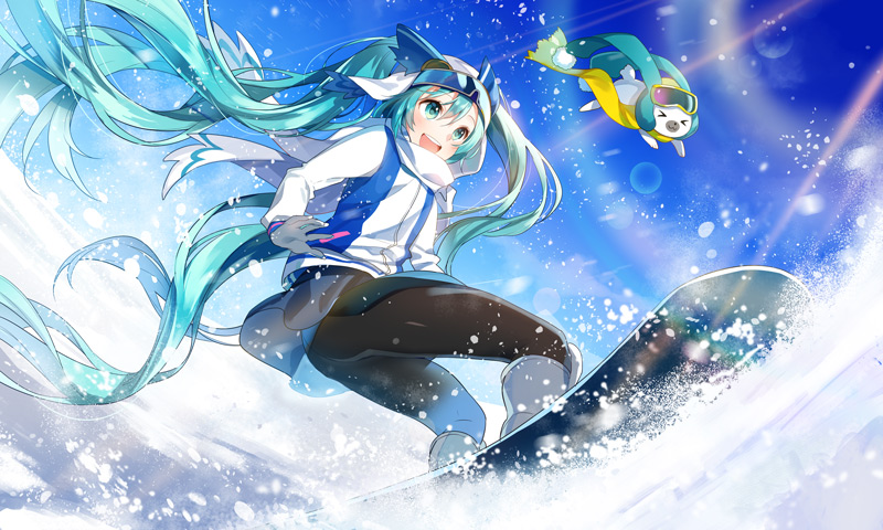 1girl blue_eyes coat female_focus goggles goggles_on_head hatsune_miku long_hair open_mouth rabbit smile snowboard solo twintails very_long_hair vocaloid winter_clothes winter_coat yuki_miku yukine_(vocaloid) yuzuki_kihiro