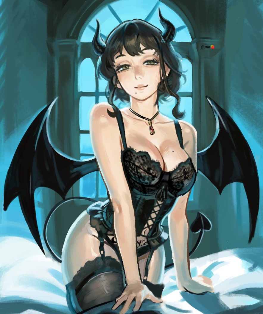 1girl artist_name bat_wings bed bed_sheet black_corset breasts brown_hair cleavage closed_mouth commentary corset cross-laced_clothes cross-laced_corset demon_girl demon_horns demon_tail english_commentary horns jewelry justana large_breasts lingerie mature_female medium_hair melinda_desmond mole mole_on_breast mole_under_mouth necklace on_bed solo spy_x_family tail thighhighs underwear window wings yellow_eyes