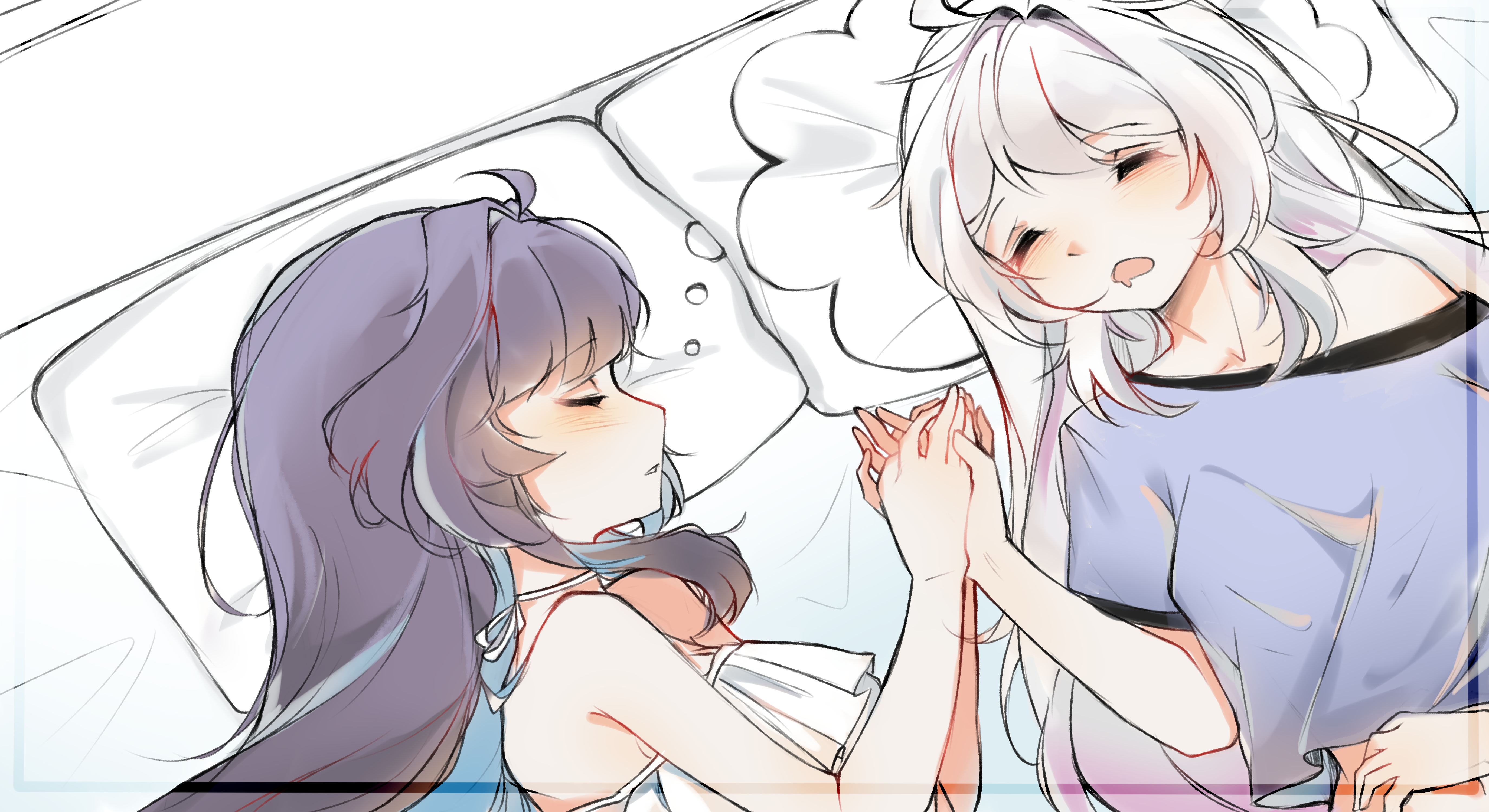 2girls absurdres blush dreaming_pillow_motif_(meme) grey_hair highres holding_hands honkai_(series) honkai_impact_3rd kiana_kaslana meme mikori multiple_girls on_bed pajamas pillow raiden_mei simple_background sleeping yuri