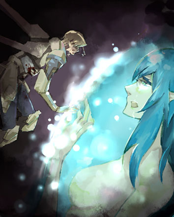 00s 1boy 1girl armor bad_end blonde_hair blood blue_hair breasts couple death ex-gear floating giant giantess green_eyes hetero kei_(kekkei) klan_klein light long_hair lowres macross macross_frontier mecha meltrandi miclonization_chamber mikhail_buran power_armor power_suit robot short_hair spoilers tears twintails zentradi