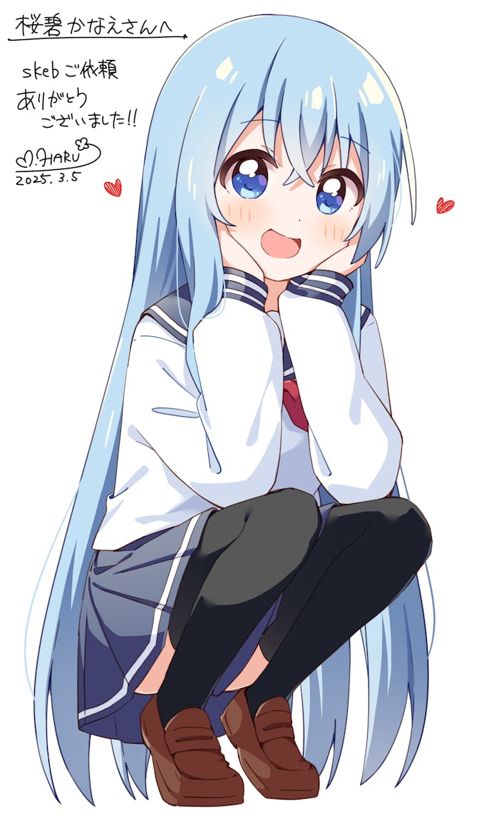 1girl :d black_thighhighs blue_eyes blue_hair blue_sailor_collar blue_skirt blush borrowed_character brown_shoes commentary_request commission dated dot_nose full_body hands_on_own_cheeks hands_on_own_face haru_(konomi_150) heart long_hair long_sleeves looking_at_viewer neckerchief open_mouth original pleated_skirt red_neckerchief sailor_collar school_uniform serafuku shirt shoes signature skeb_commission skirt smile solo squatting thighhighs white_shirt