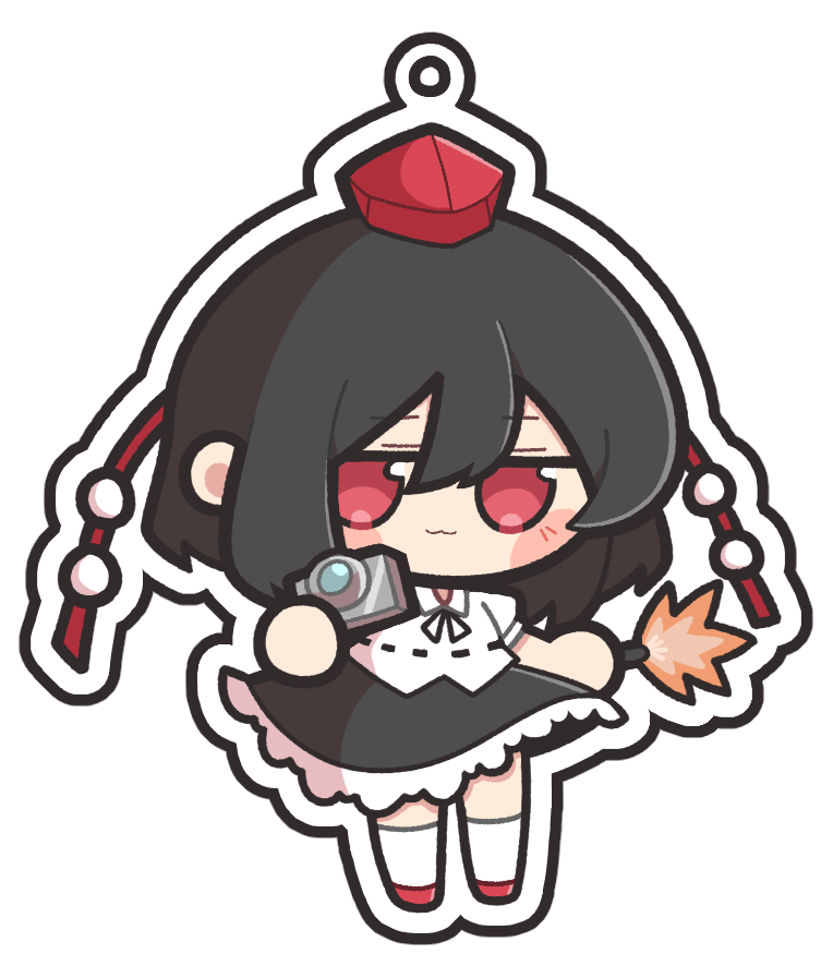 1girl :3 baek_ban black_ribbon black_skirt blush_stickers camera chibi chibi_only closed_mouth collared_shirt hair_between_eyes hat holding holding_camera holding_leaf jitome leaf neck_ribbon puffy_short_sleeves puffy_sleeves red_hat red_shoes ribbon shameimaru_aya shirt shoes short_sleeves simple_background skirt socks solo tokin_hat touhou white_background white_shirt white_socks