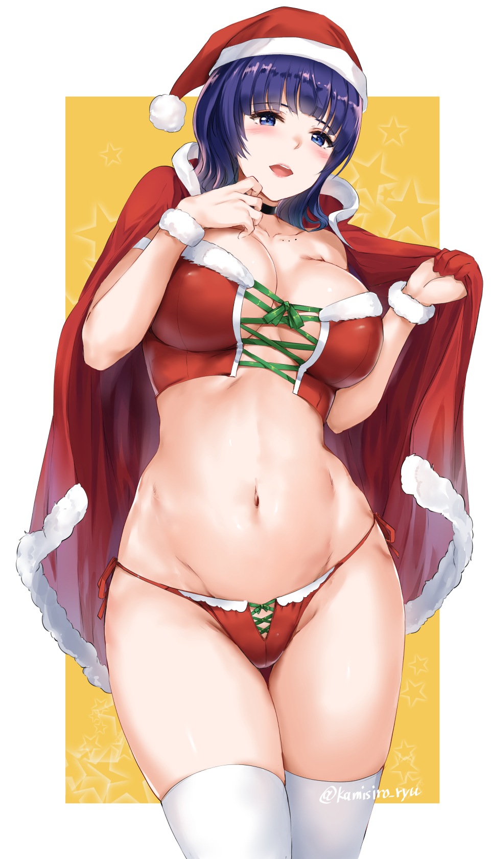 1girl asaka_karin black_choker blue_eyes blue_hair blush breasts cape choker christmas cleavage collarbone fur-trimmed_cape fur_trim green_ribbon hat highres kamishiro_ryuu large_breasts lips looking_at_viewer love_live! love_live!_nijigasaki_high_school_idol_club mole mole_on_collarbone navel open_mouth panties red_cape red_hat red_panties ribbon santa_hat short_hair side-tie_panties skindentation smile solo standing thigh_gap thighhighs twitter_username underwear white_thighhighs